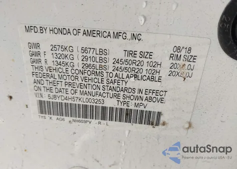2019 Acura Mdx Tech Pkg z USA, uszkodzony, nr VIN 5J8YD4H57KL003253